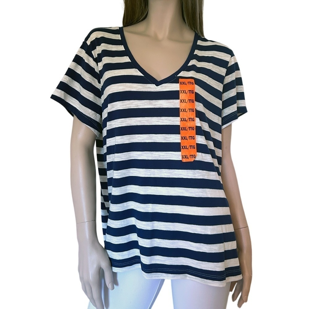Nicole Miller Stripe Tee shirt Tank Top Navy V-Neck Short Sleeve Hi Low NWOT